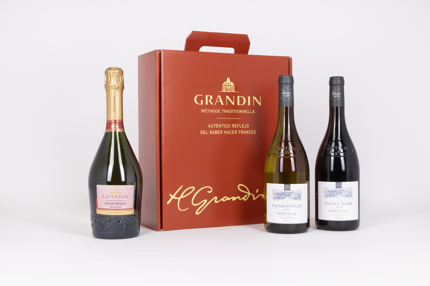 Lote Navideño Nº 112 con Grandin Brut Rosé y vinos franceses Ropiteau en estuche de 3 botellas