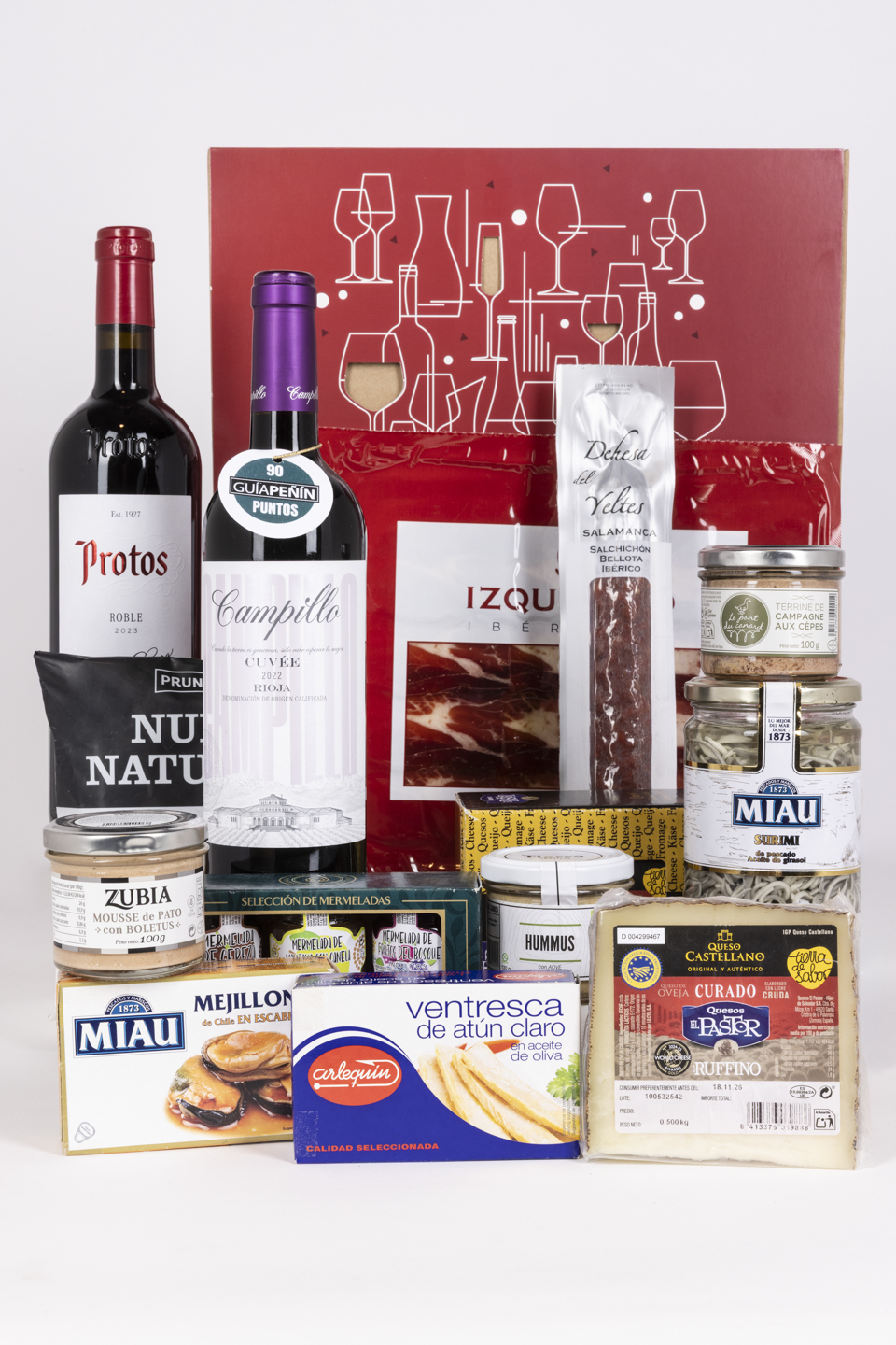 Lote Navideño Nº 70 Estuche Kraft Funda Roja con vinos, ibéricos, queso curado y productos gourmet.